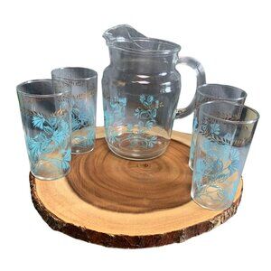 Vintage Hazel Atlas Depression Glass Pitcher & Glass Set Blue Floral Gold Accent